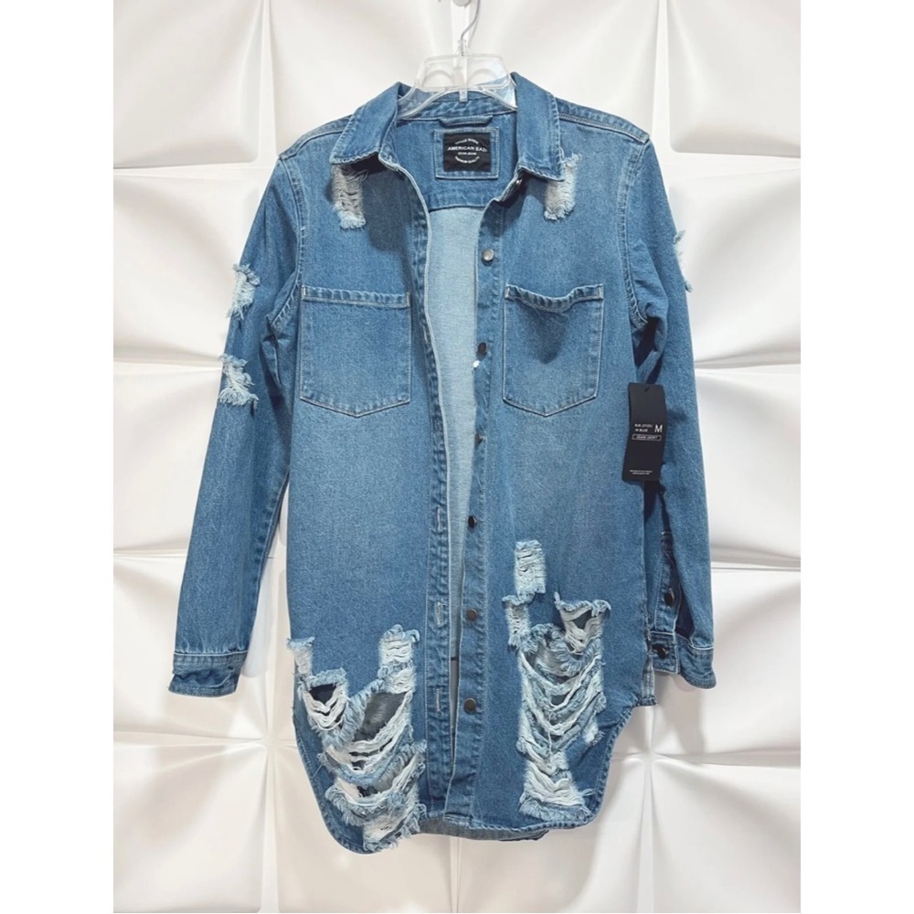 American Bazi Sz M Long Tunic Distressed Ripped Denim Duster Jacket NEW - Picture 9 of 9